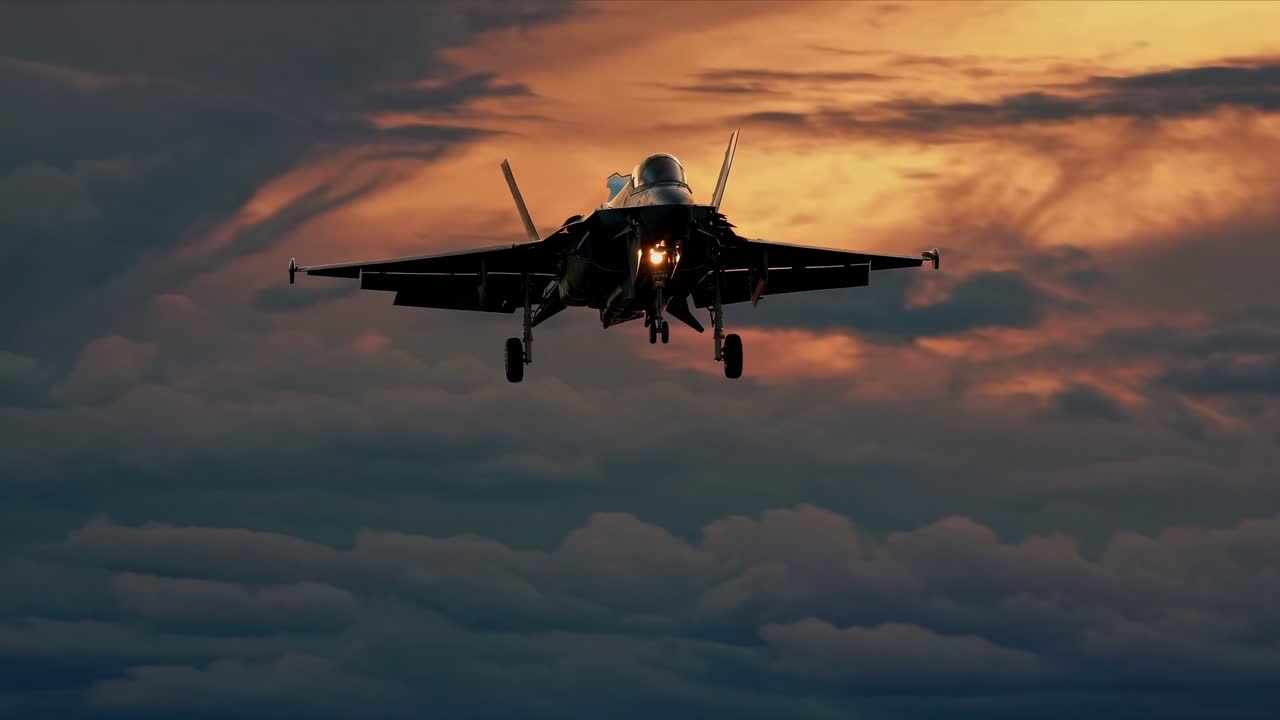 Caccia militare che vola con il carrello d'atterraggio abbassato contro un cielo spettacolare al tramonto