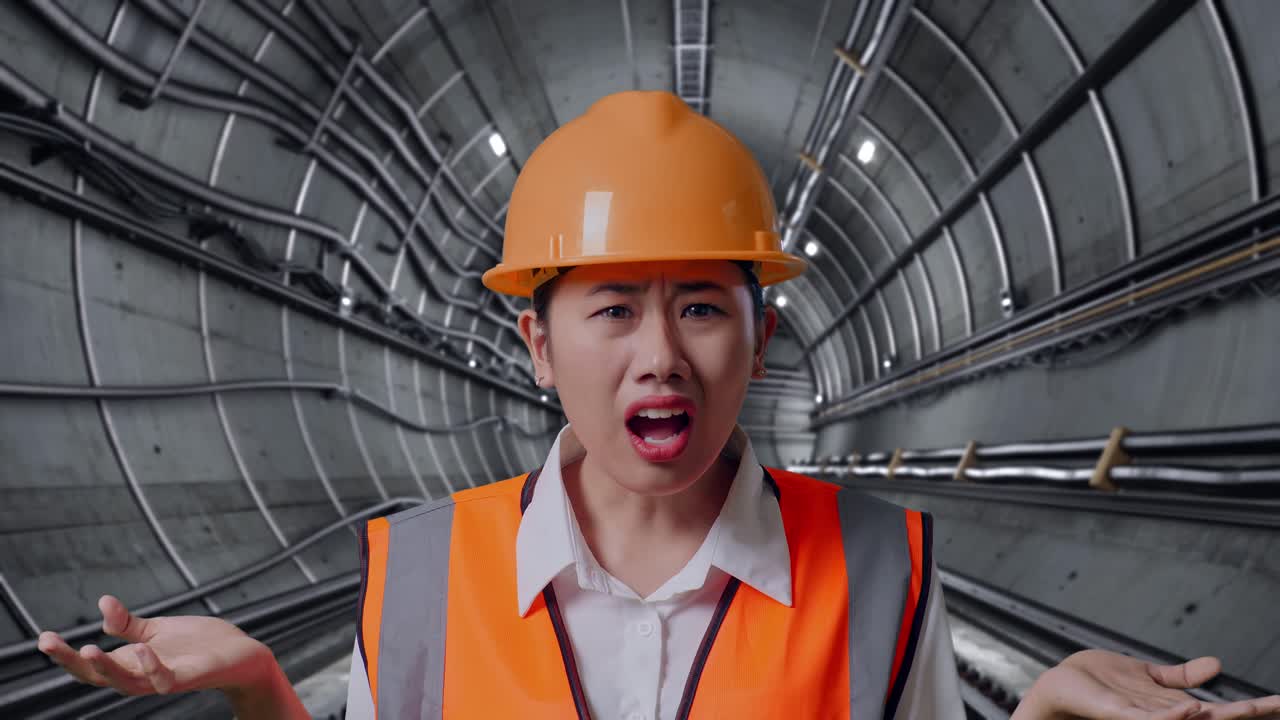 Woman Engineer in Tunnel Expressing Confusion