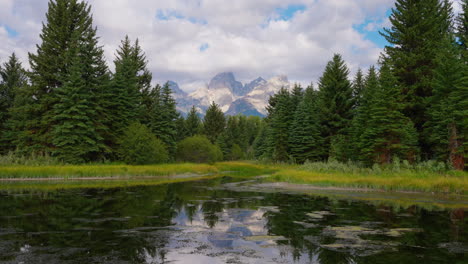 majestic mountains reflected in a serene forest lake