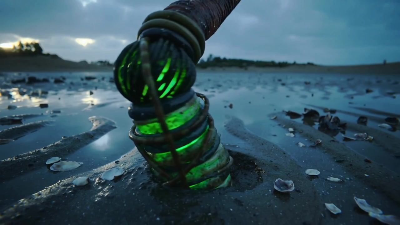 Arto segmentato che si avvicina dall'alto e preme per ancorarsi nella piana di marea al tramonto, con spirali che brillano di verde.