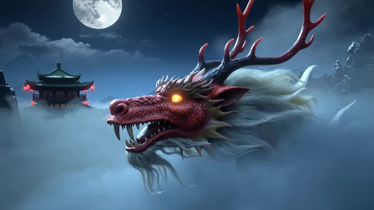 Brouillard montant révélant un grand dragon oriental rouge émergeant sous la pleine lune au-dessus de lanternes rouges de pagode