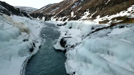 A-cinematic-4K-drone,-aerial,-unique-shots-of-fast-streaming-water-in-the-middle-of-the-glorious-mountain-in-Iceland