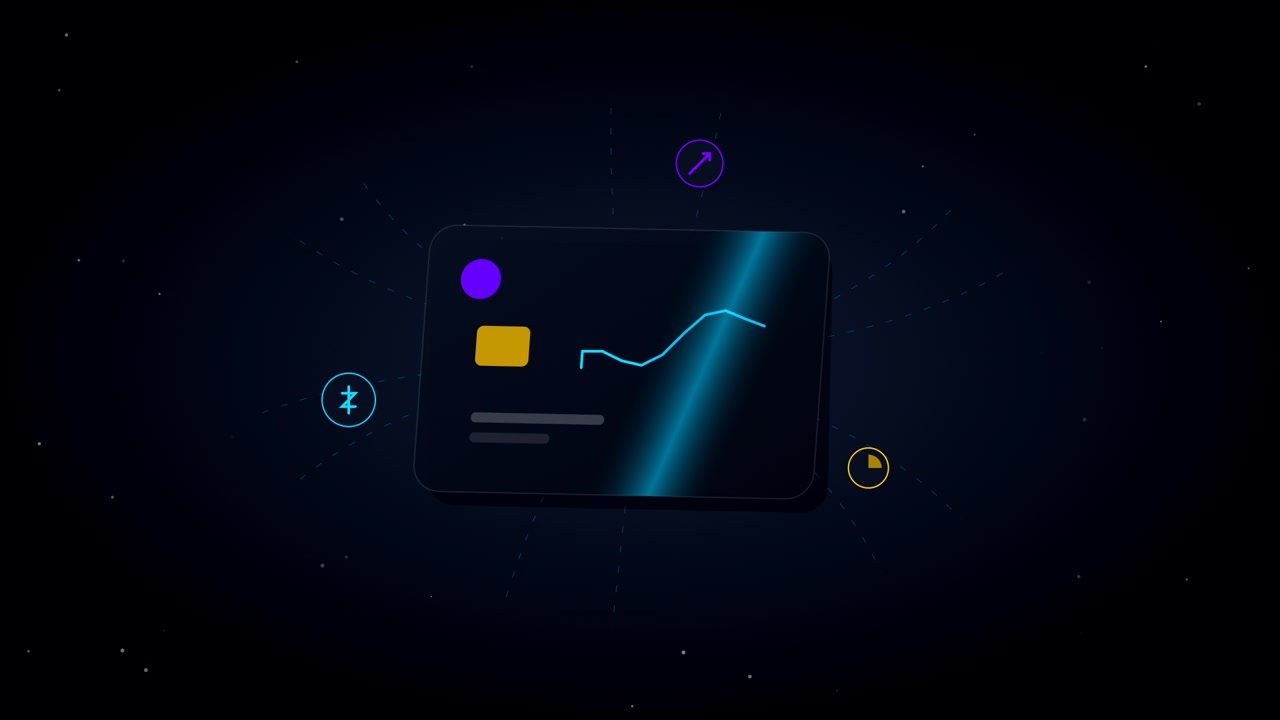 Interfaccia dashboard finanziaria animata con icone dati rotanti
