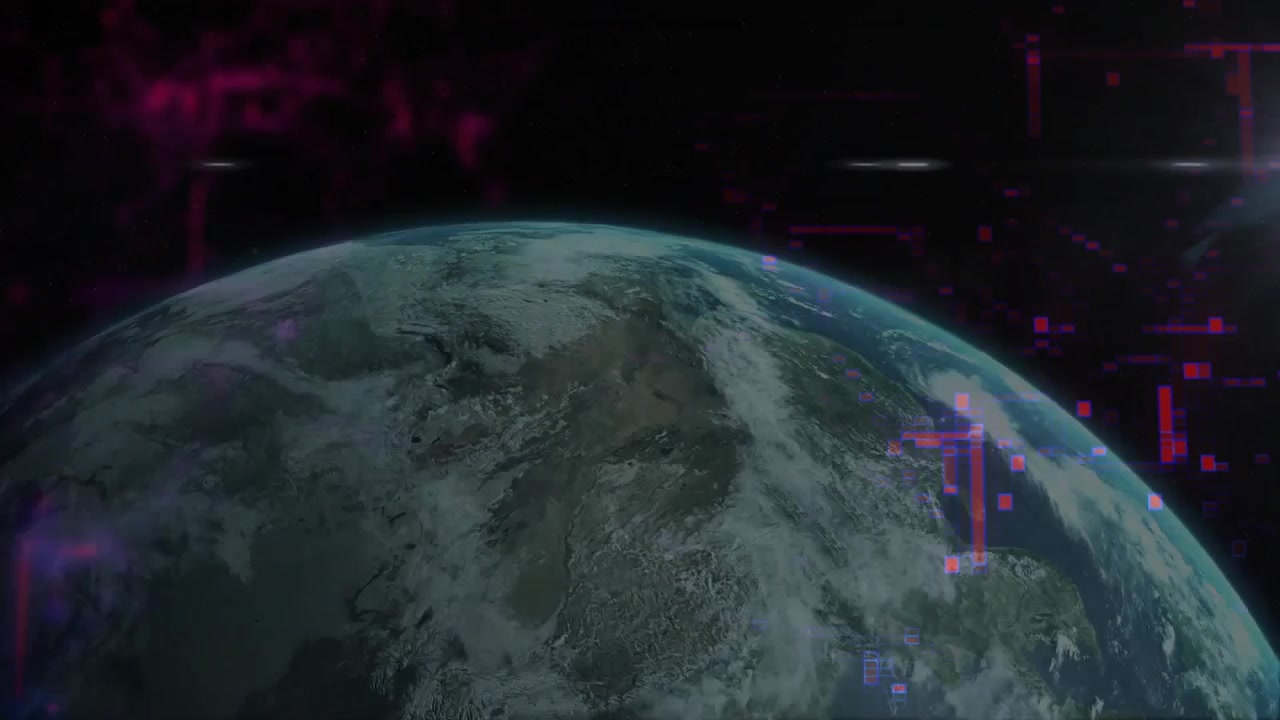 Glow initiating sun rising above Earth's horizon, Earth rotating, glitch overlays pulsing at dawn