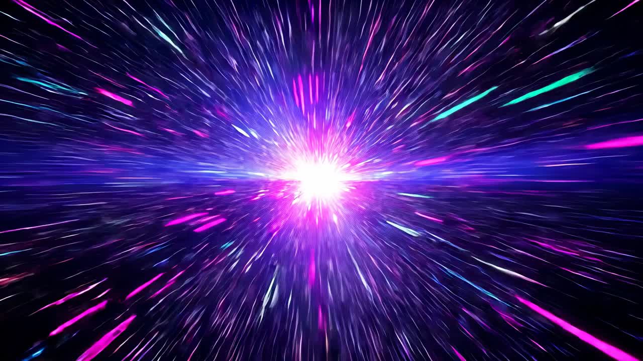 Brightening core sending light streaks through cosmic tunnel, showing hyperspace motion