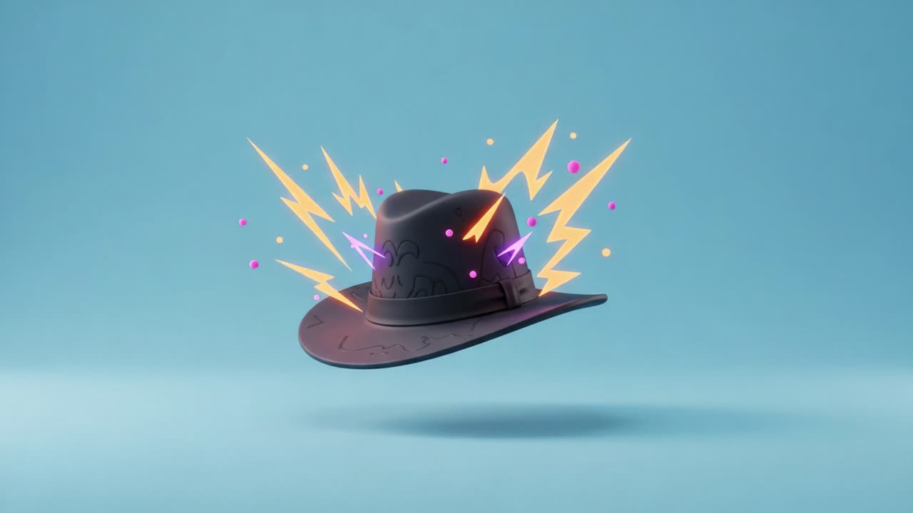 A Spectacular Floating Hat with Vibrant Lightning Effects Against a Soft Blue Background, Showcasing an Artistic Design of Fun and Whimsy