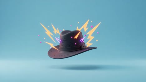 a spectacular floating hat with vibrant lightning effects against a soft blue background, showcasing an artistic design of fun and whimsy