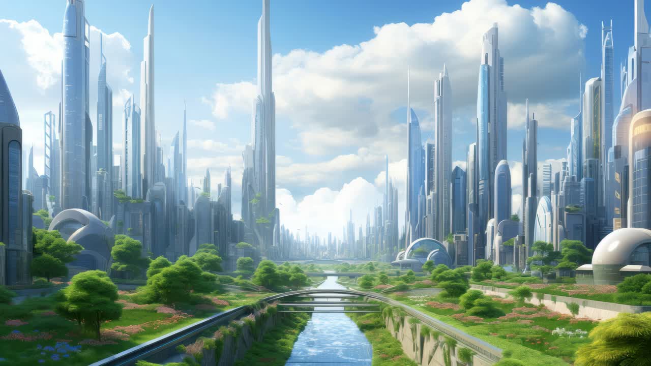 Futuristic cityscape with sleek skyscrapers and lush greenery, captured from a low-angle view
