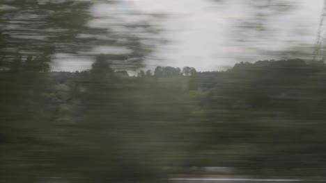 paisaje borroso desde una ventana de tren que muestra el bosque y los coches que pasan, efecto de borrón de movimiento