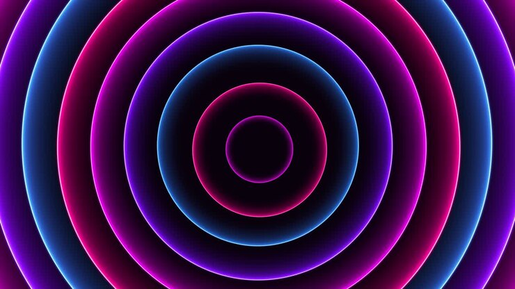 Modello astratto con animazione di onde circolari al neon luminose