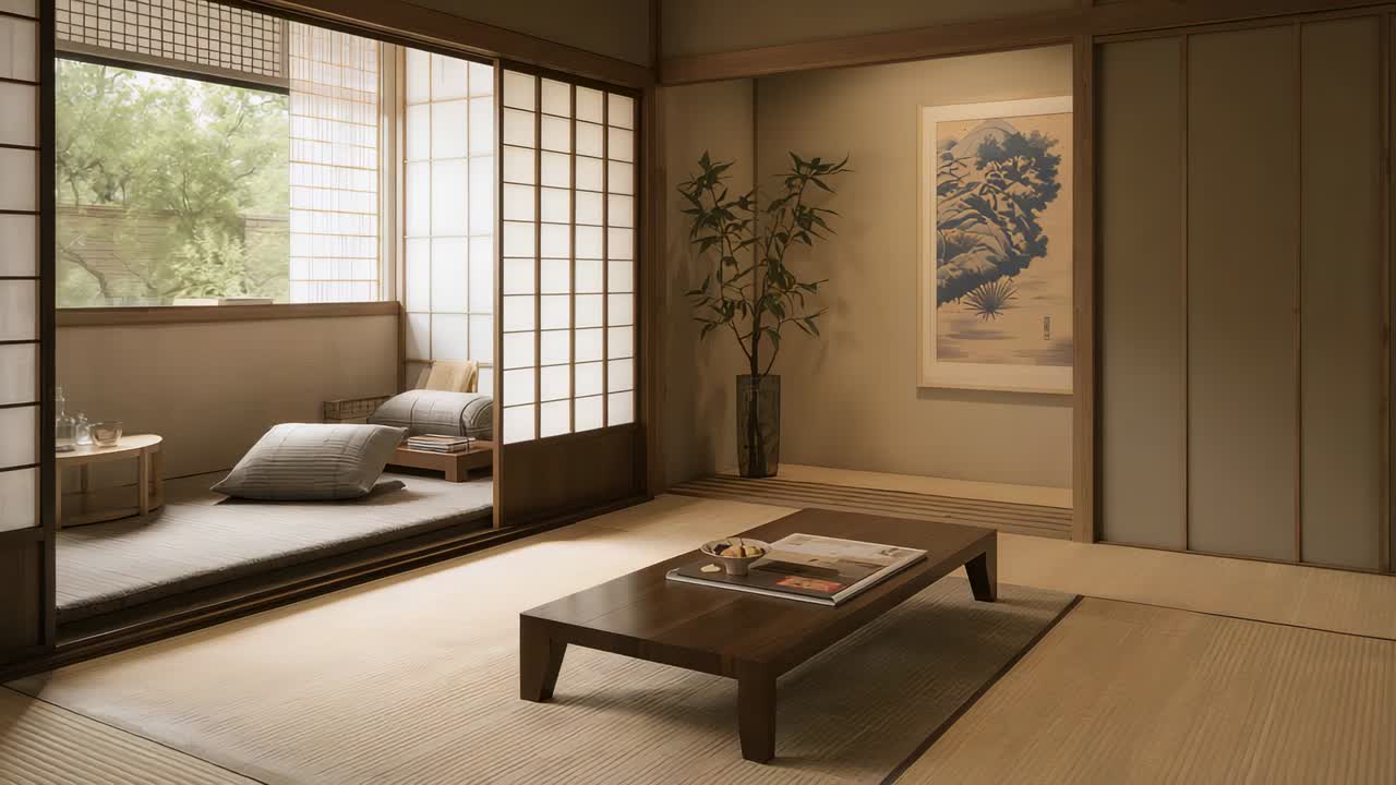 Máy quay quét ngang cho thấy bàn gỗ thấp đặt giữa chiếu tatami để hiển thị bố cục hốc tường, khay đựng tạp chí