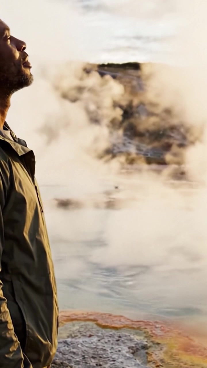 A Contemplative Moment at a Geothermal Wonder: Surreal Steam and Vivid Terrain Captured in a Scenic Landscape