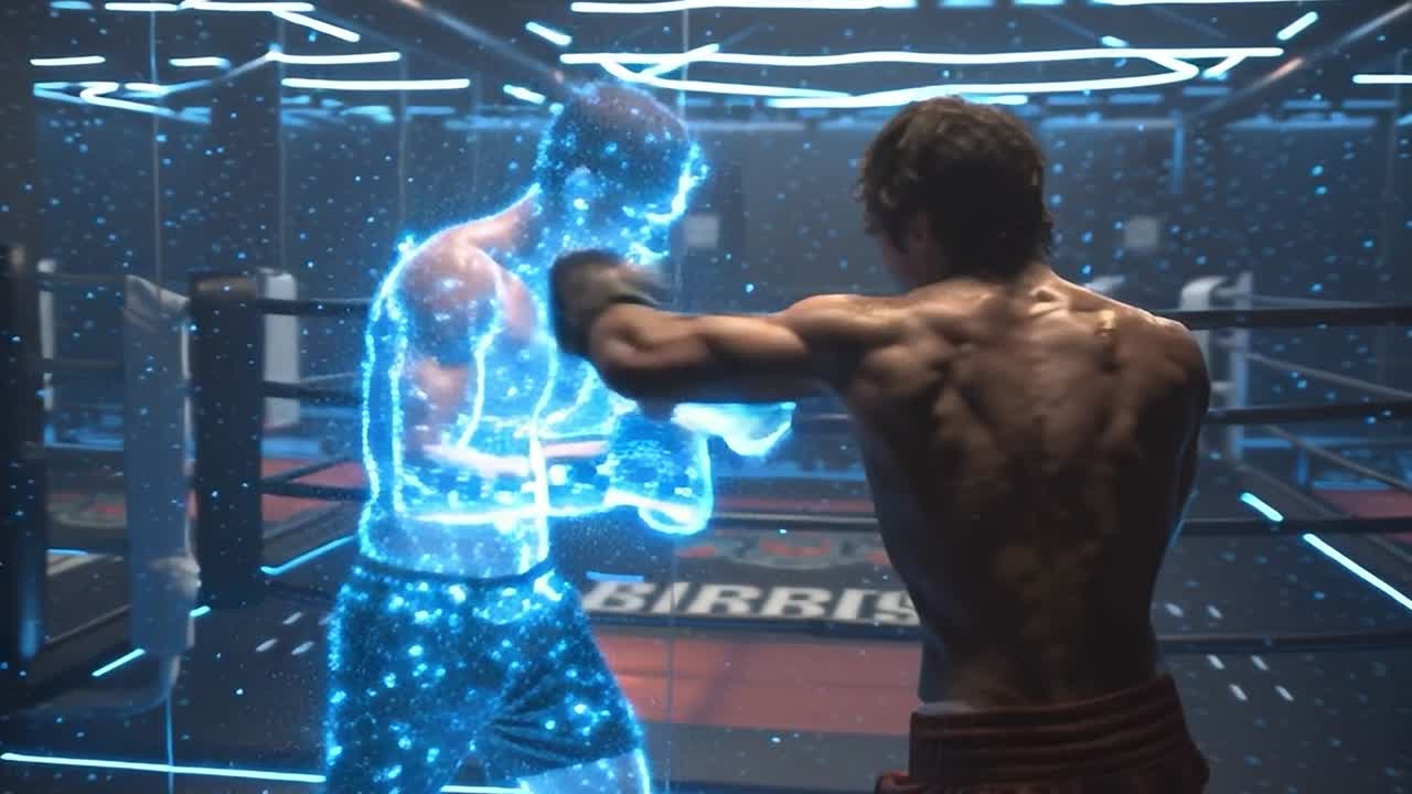 Sessione di allenamento di boxe virtuale in una palestra moderna con un avversario olografico.