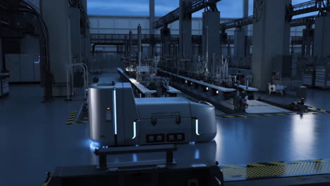 automated robot moving through a futuristic factory or warehouse