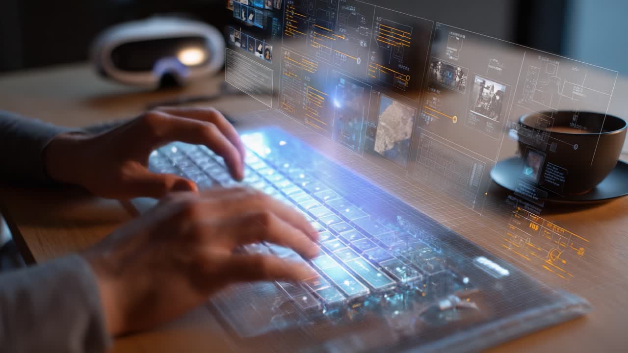A close-up view of a person's hands working on a transparent keyboard while interacting with floating digital screens showcasing various data, interfaces, and analytics during a late-night session