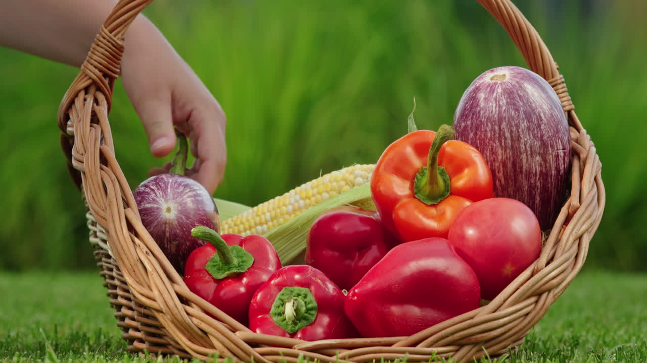Hand reaching into a wicker basket full of fresh vegetables