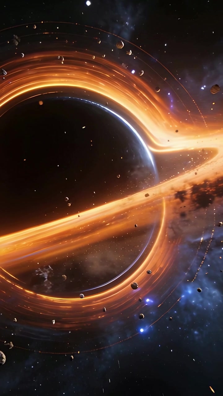 Vertical video: Rotating camera showing bright disk in space near black sphere, mapping debris