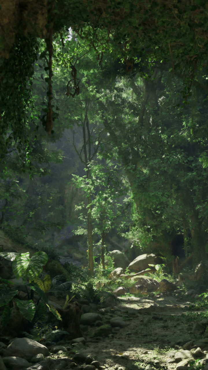 Exploring a lush jungle environment with tall trees and rocks