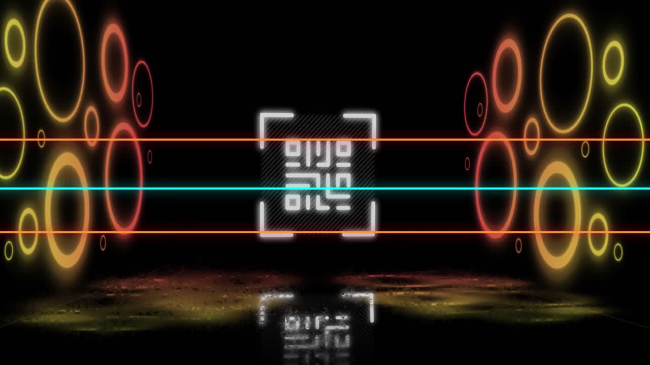animación de un código qr brillante sobre formas geométricas de neón