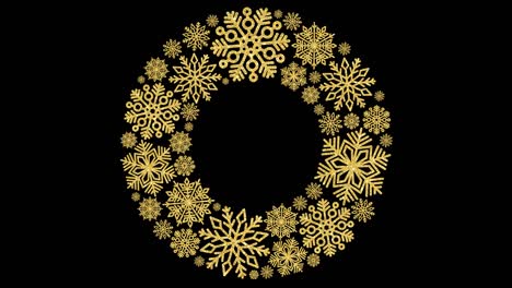 christmas round frame with gold snowflakes on a black background.