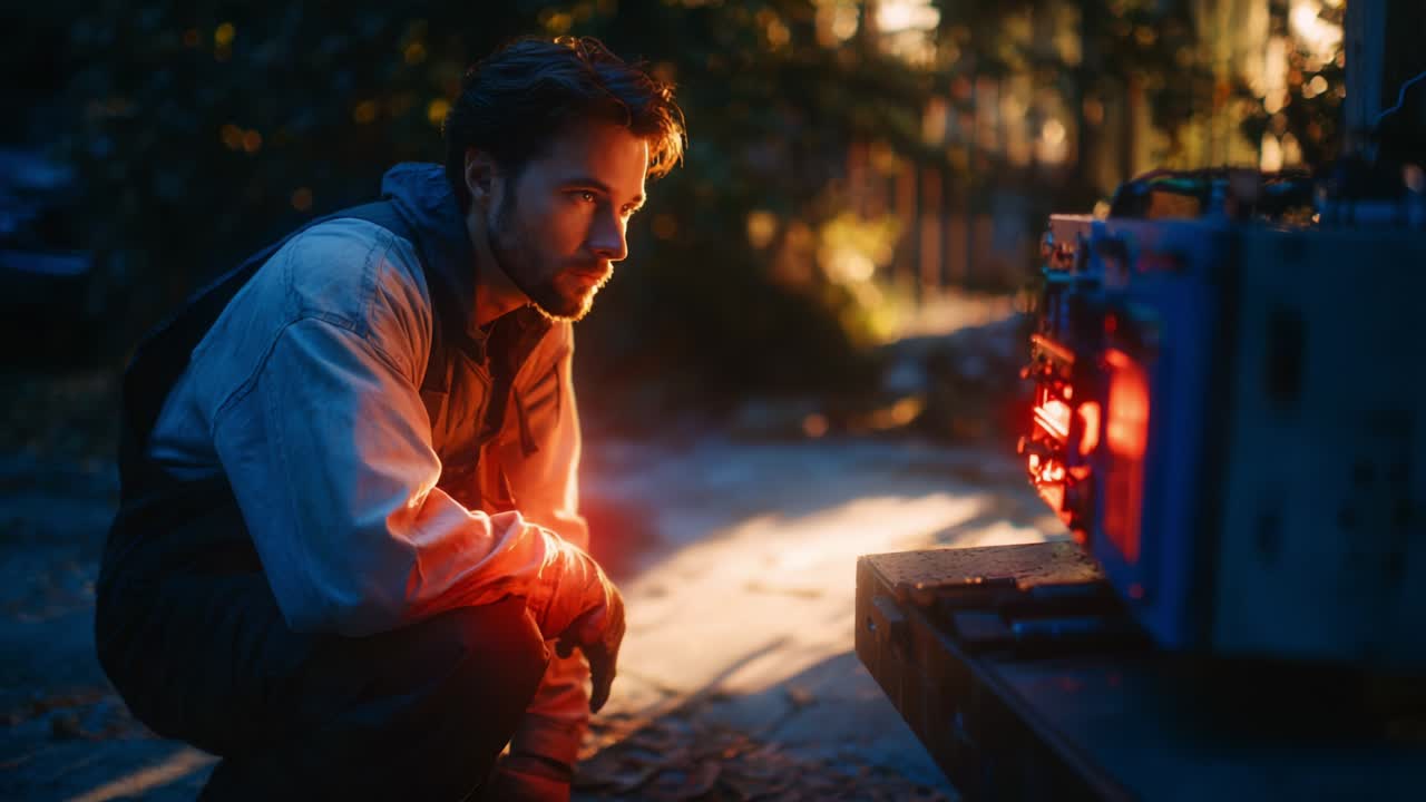 A focused individual studies a glowing device in an atmospheric outdoor setting, capturing a moment of curiosity and contemplation as the warm light illuminates their features and surroundings