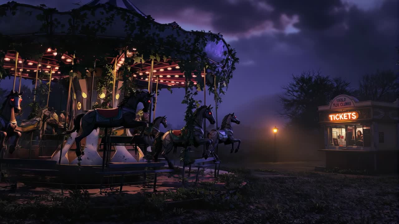 Scena di carosello incantato illuminato al crepuscolo con biglietteria sullo sfondo.