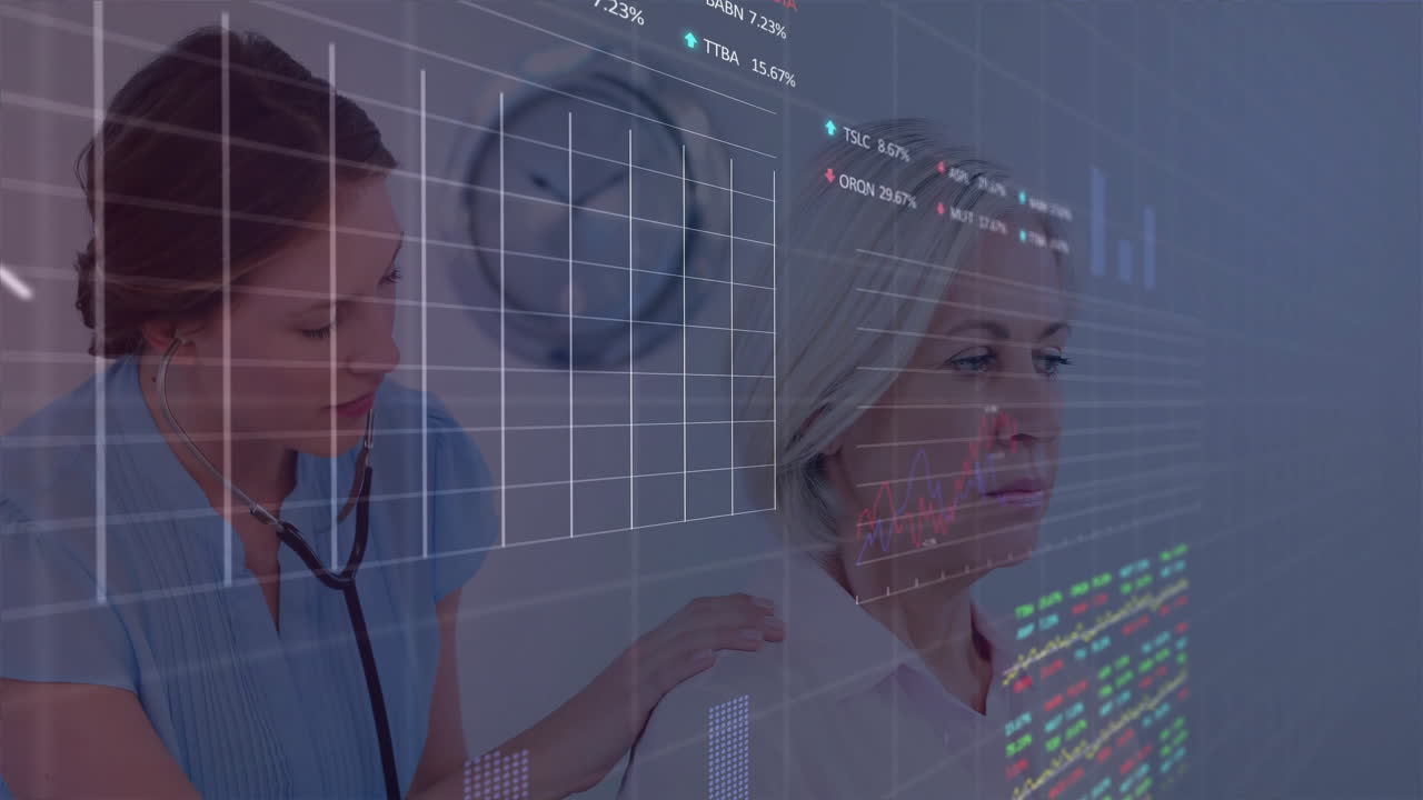 Animation of diagrams and stock market over caucasian female doctor examining her patient