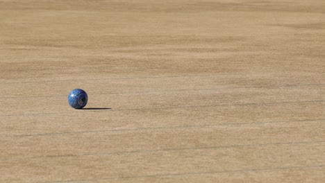 a blue bowling ball rolls smoothly across a sunlit grass lawn, captured in sequential frames