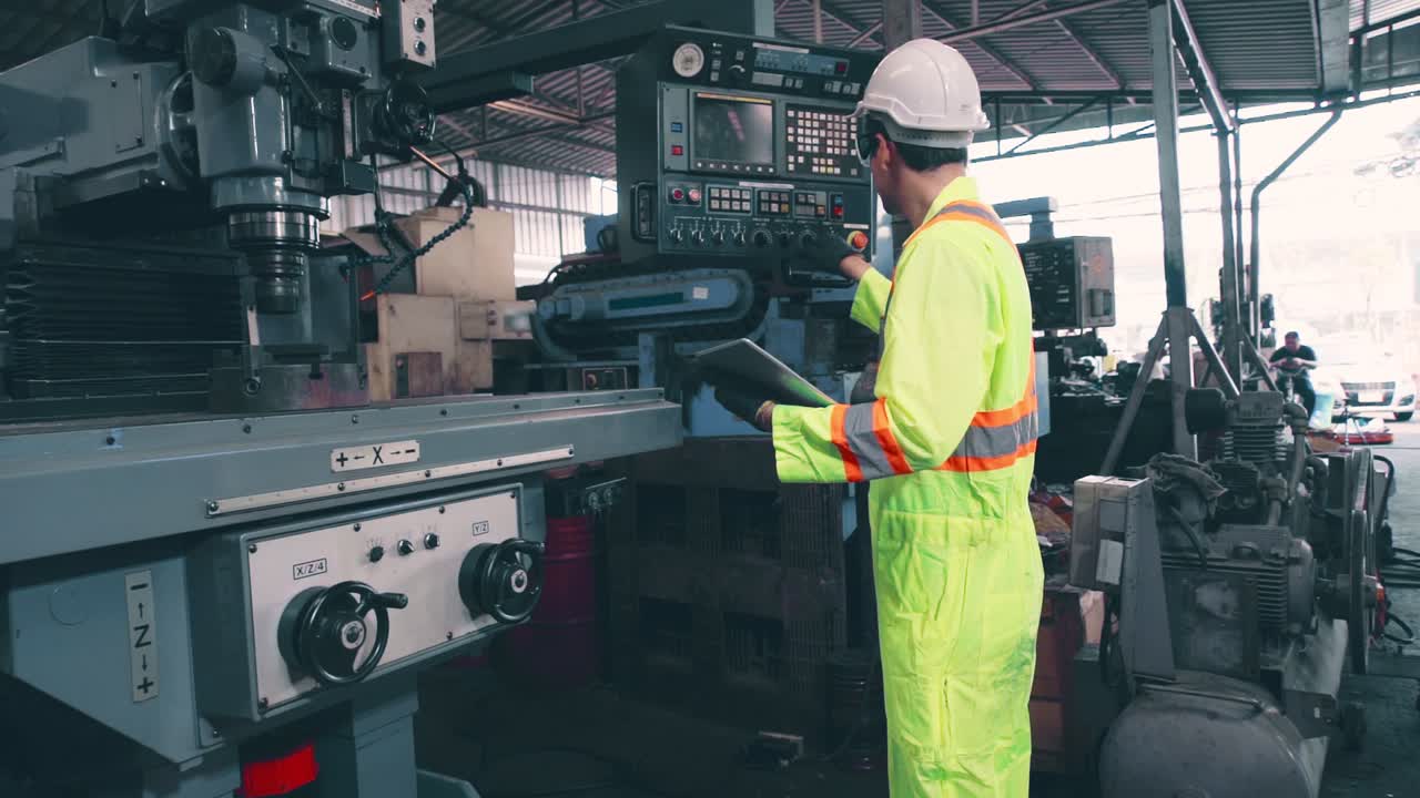 Smart factory worker using machine in factory workshop