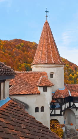 old-fashioned tiled rooftops of the bran castle, brasov, romania. amazing colorful mountain covered with bright forest at backdrop. vertical video