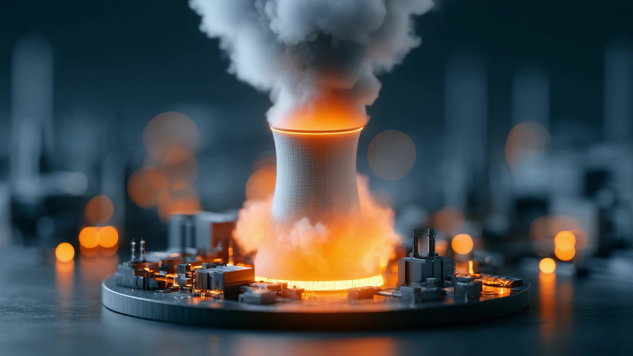 A dramatic visual representation of a nuclear power plant emitting smoke and steam, showcasing the complex interaction of energy production and industrial processes.