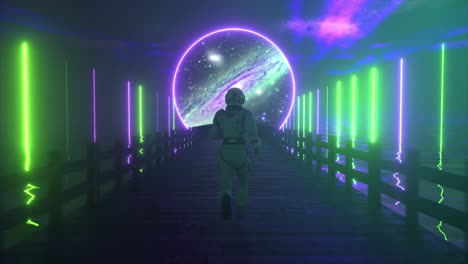 astronauta corriendo a través del portal de neón a la galaxia
