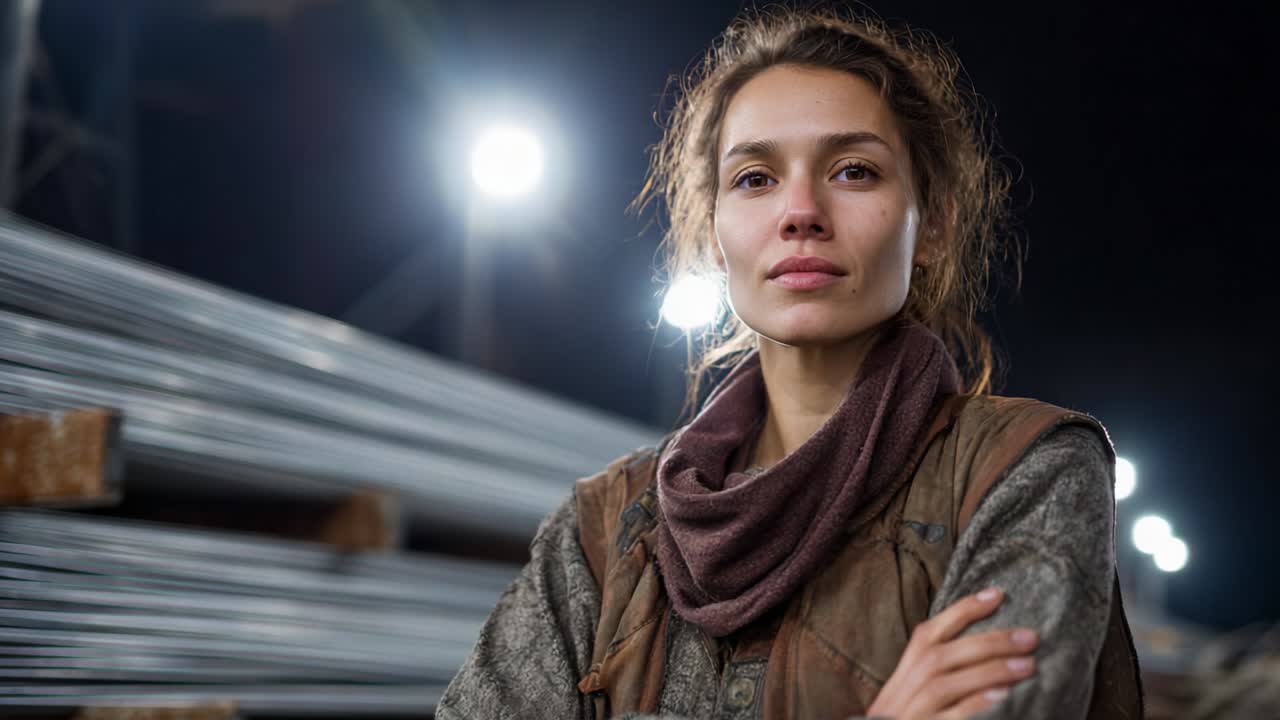 A confident and resilient young woman stands in an industrial setting, illuminated by bright lights, exuding strength and determination while wearing rugged attire, perfect for the tough environment around her