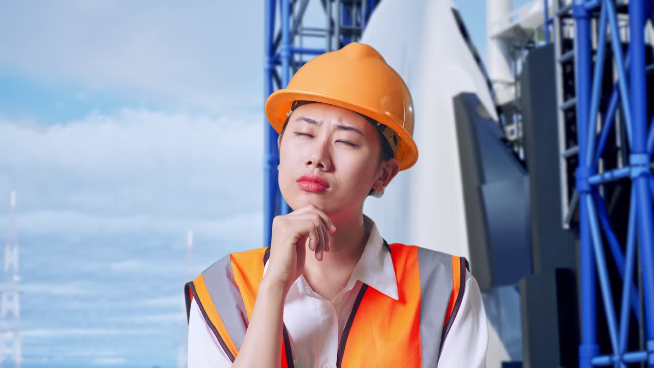 안전 헬을 입은 아시아 여성 엔지니어가 무언가에 대해 생각하고 우주왕복선과 함께 서 있는 동안 주위를 둘러보고 있습니다.