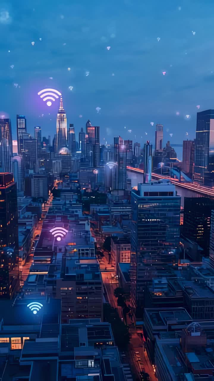 Video verticale: icona del Wi-Fi al neon che appare, poi icone del Wi-Fi che pulsano su una griglia urbana, a indicare il flusso di dati