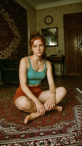 redhead woman with casual clothes is sitting on a patterned carpet in a vintage style room, taking a moment for herself amidst antique furniture and a decorative wall tapestry
