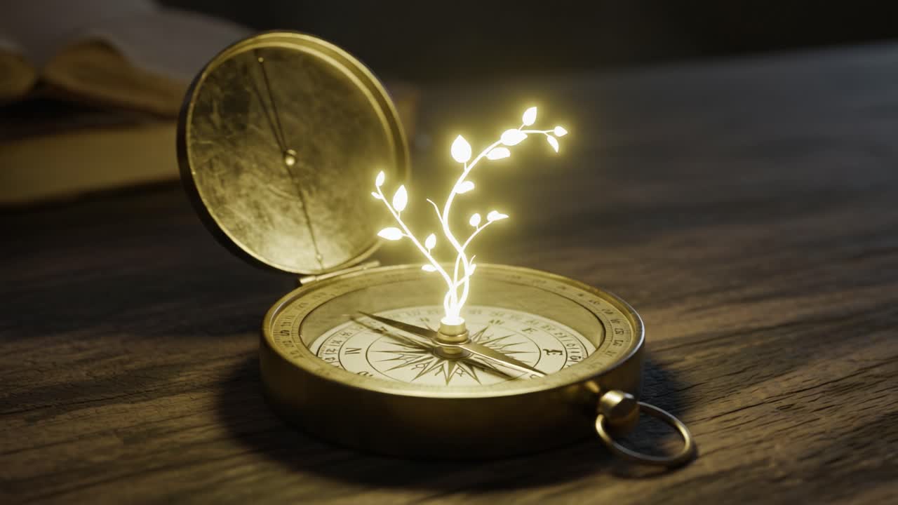 A Beautifully Illuminated Compass with Ethereal Plants Growing from Its Core, Symbolizing Guidance and Growth in a Whimsical Yet Tranquil Setting