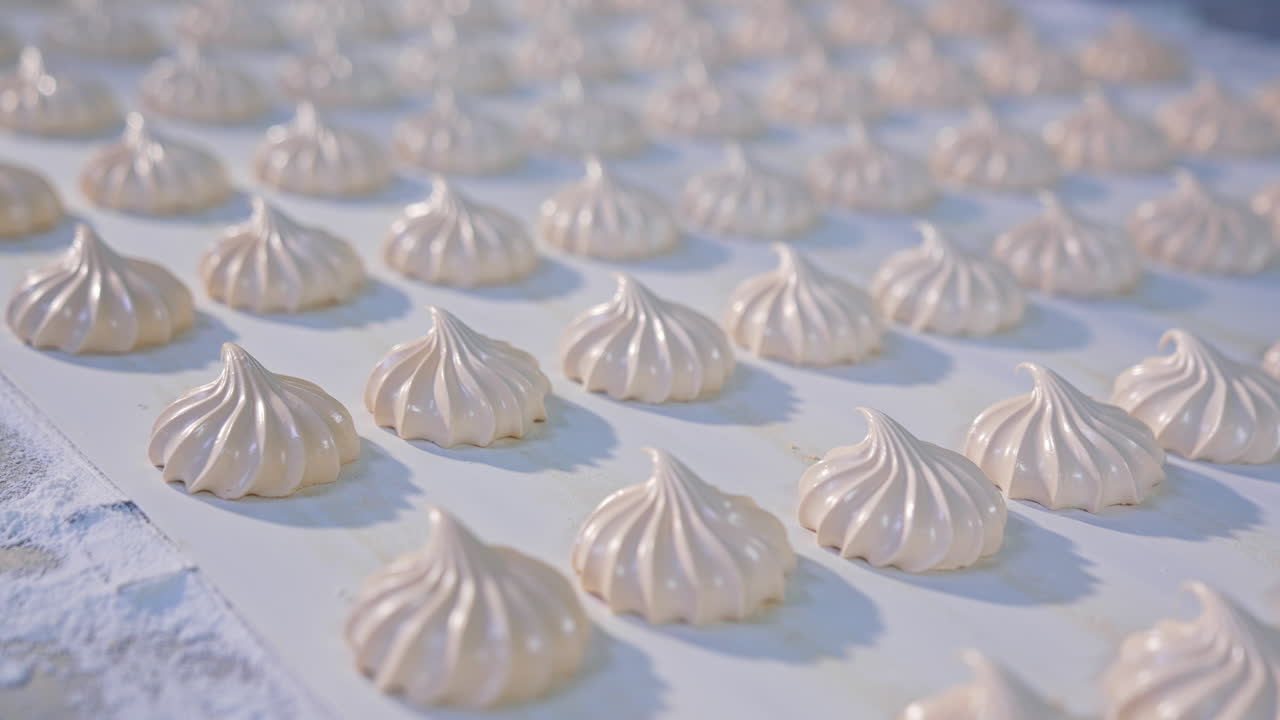 Industrial production of sweets . Marshmallow moving slowly along the conveyor. Desserts factory making.