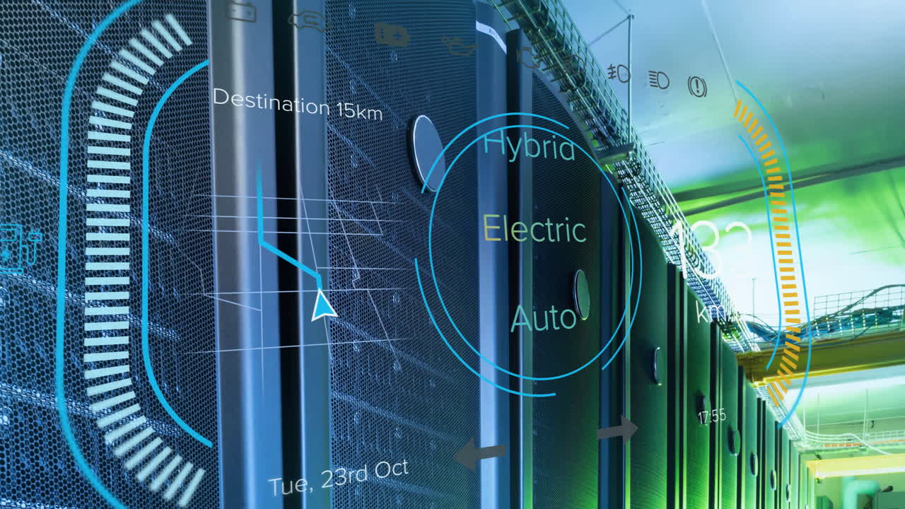 Animation of eco icons and data processing over computer servers