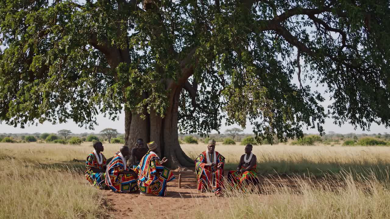 Wide-angle video shot of people in colorful attire sitting under a large tree in a savanna