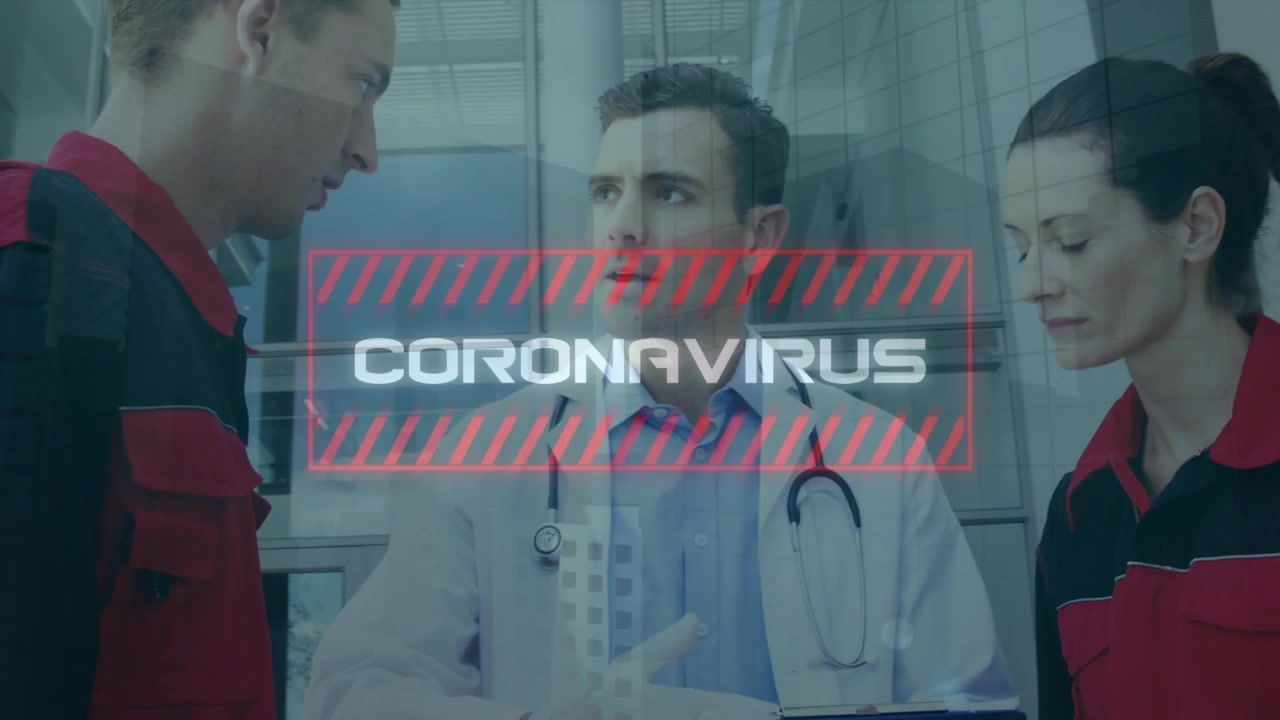 Animation of covid 19 virus data processing over male doctors