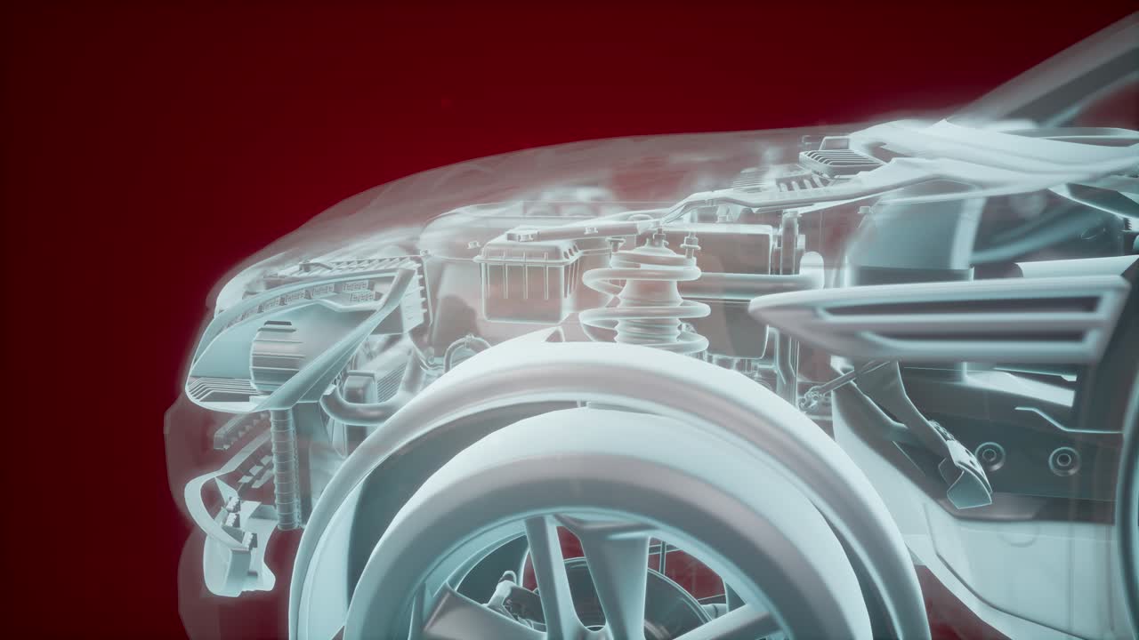 엔진이 있는 3d 와이어프레임 자동차 모델의 홀로그래픽 애니메이션