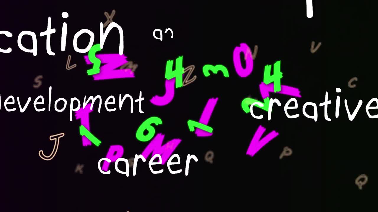 창의성, 경험, 개발의 애니메이션 숫자와 글자가 검은색으로 바뀌는 텍스트