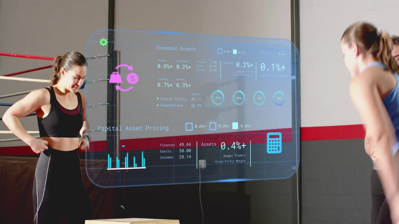 Woman doing plyobox steps and medball box jumps for fitness on coach cue, HUD overlaying performers