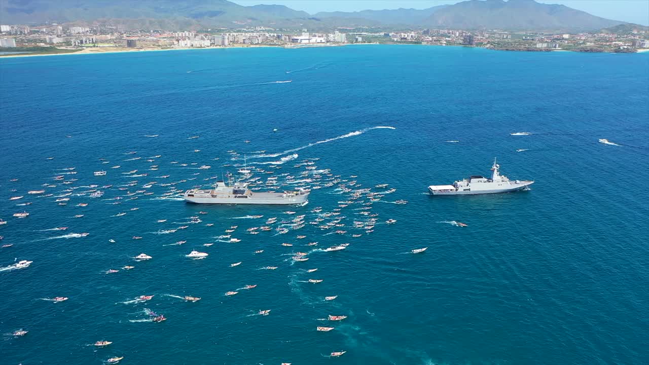 Aerial view of Margarita Island boat procession on Virgin Mary feast