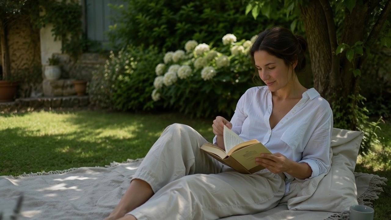Joven relajada leyendo un libro mientras descansa en una manta en un soleado jardín verde.