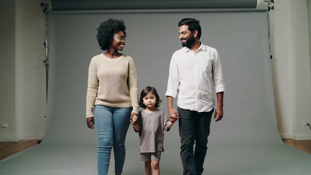 Una famiglia che cammina tenendosi per mano, si muove a comando in studio per riempire l'inquadratura, con un maglione e un rullo grigio.