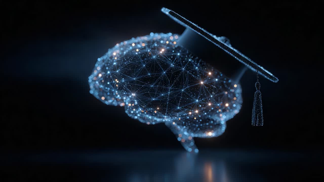 A Conceptual Illustration of an Interconnected Brain Wearing a Graduation Cap, Symbolizing Knowledge, Intelligence, and Educational Achievement in a Digital Age