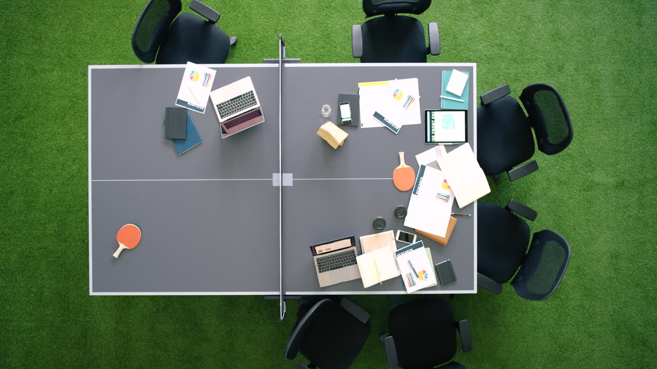 Work, laptop and tennis table in creative