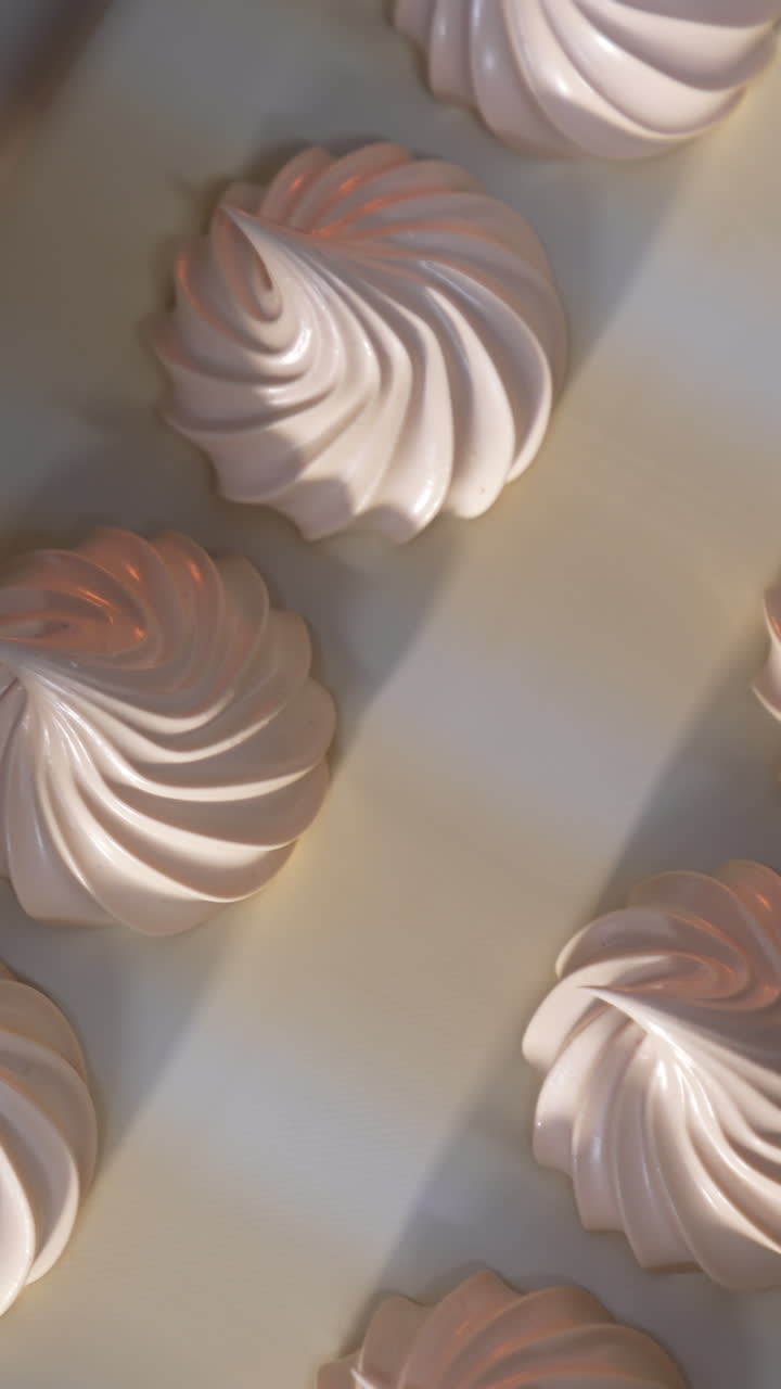Beautiful creamy vanilla marshmallows come from a machine. Conveyor belt with fresh zephyr desserts. Close up. Top view. Vertical video